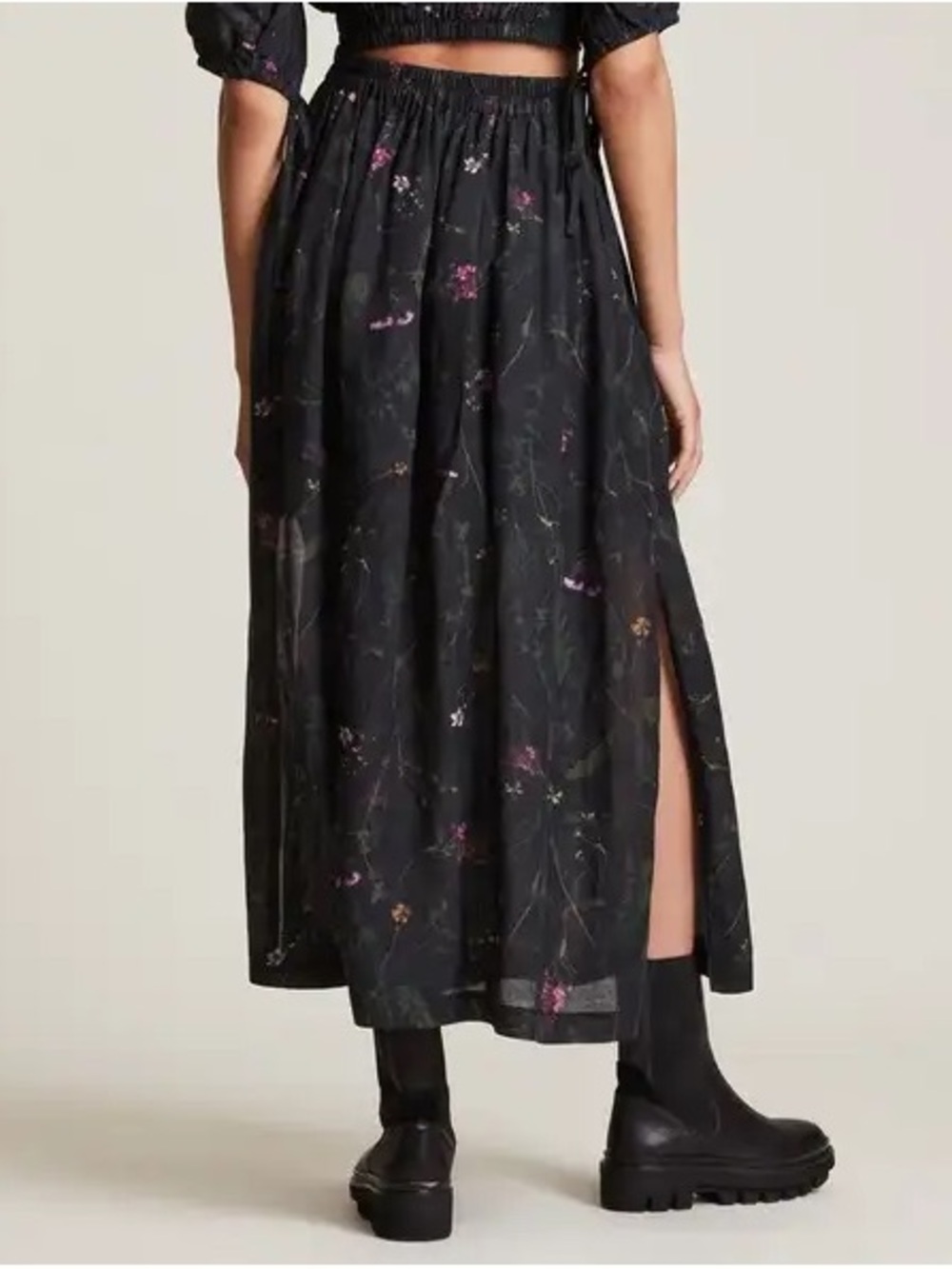 All Saints Woven Floral-Print Midi Skirt in Black - Picture 2 of 6